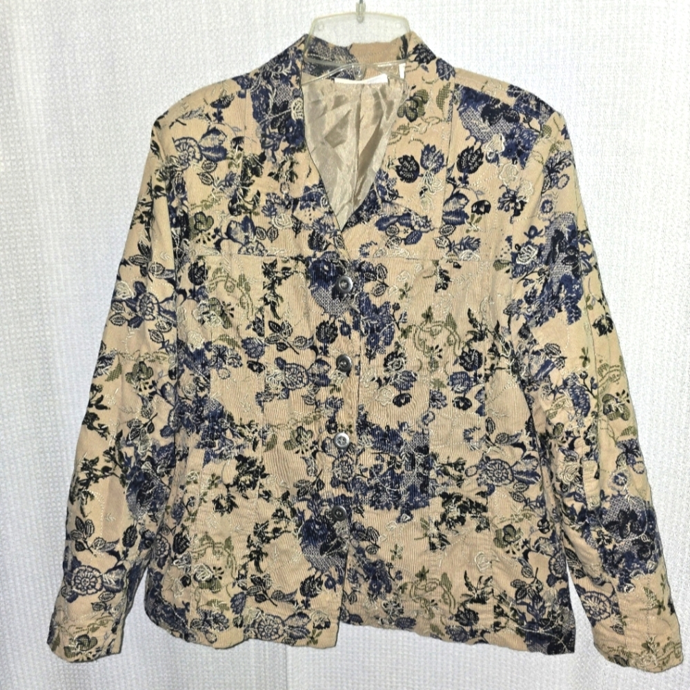 Tantrums Corduroy Floral Print Jacket Embroidered Lined Pockets Button Up, Large